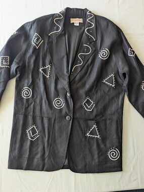 Vintage Beaded Linen Blazer Black With White Geometric Designs